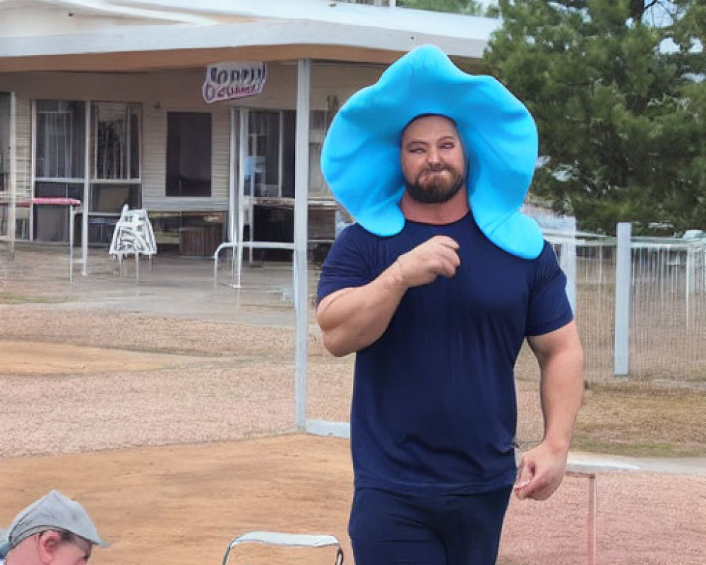 Man in Blue Outfit Smiling in Courtyard with Oversized Hat