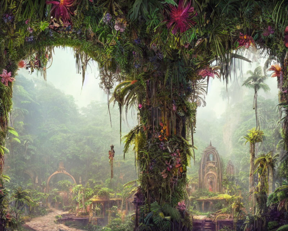 Lush jungle with vibrant flowers and hidden ruins in foggy atmosphere