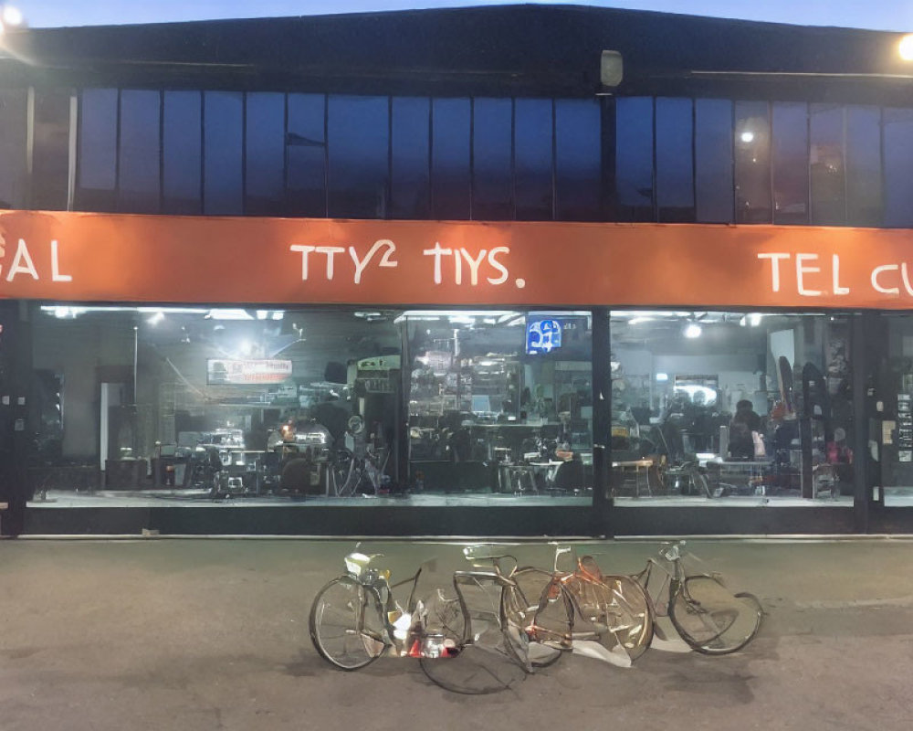 Barbershop at Dusk: Interior with Barber Chairs, TV, Bicycles