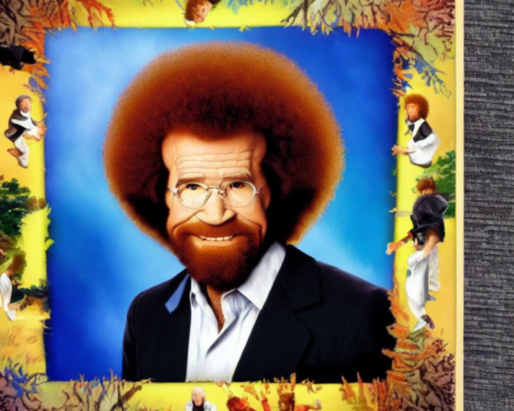 Vibrant portrait of man with large afro and glasses, surrounded by miniature paintings.