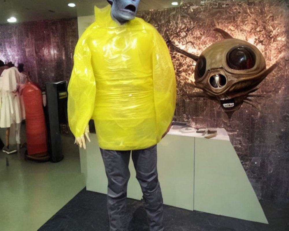 Person in Alien Costume with Yellow Inflatable Suit Next to Large-Eyed Alien Head