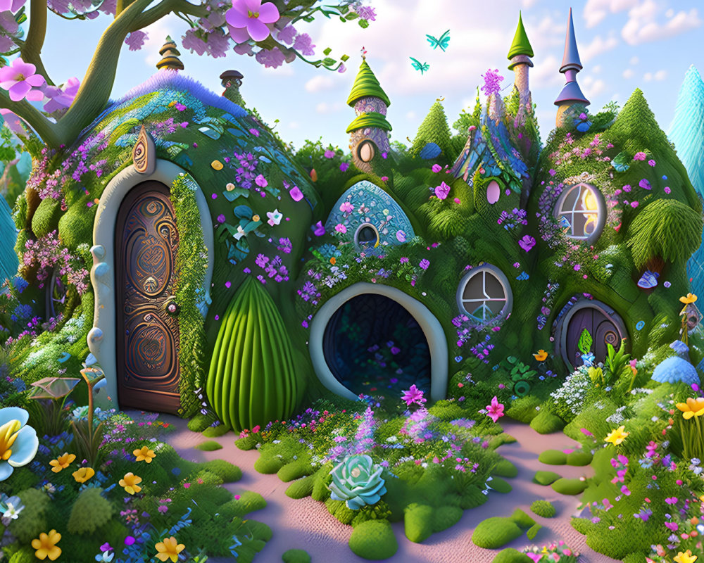 Whimsical fairy-tale cottage with vibrant greenery and flowers