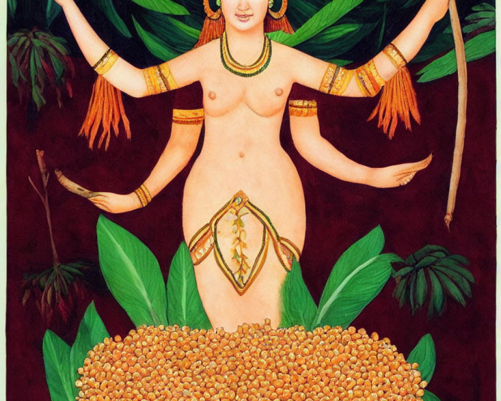 Traditional jewelry-clad multi-armed woman in grain pile on red background with green foliage.