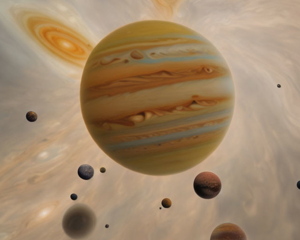 Gas Giant with Swirling Clouds and Moons in Creamy Space Sky