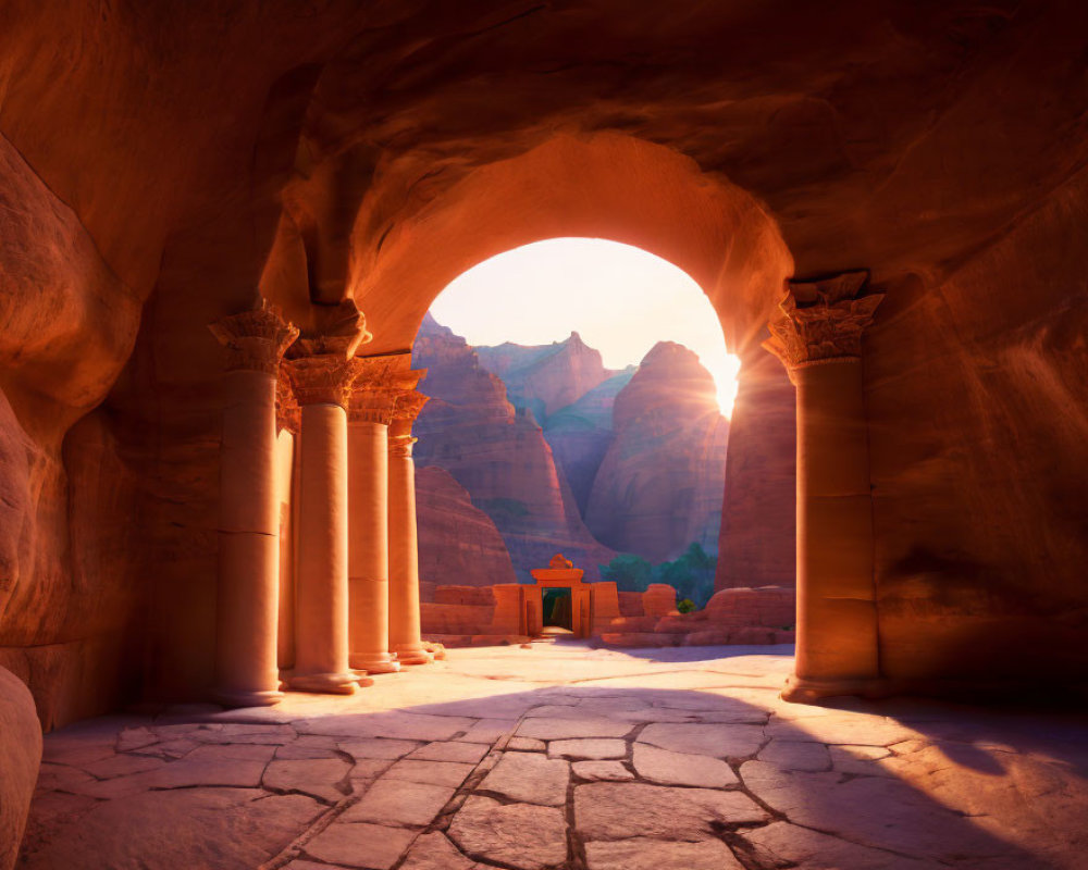 Ancient rock-cut archway with classic columns and majestic cliffs in sunlight