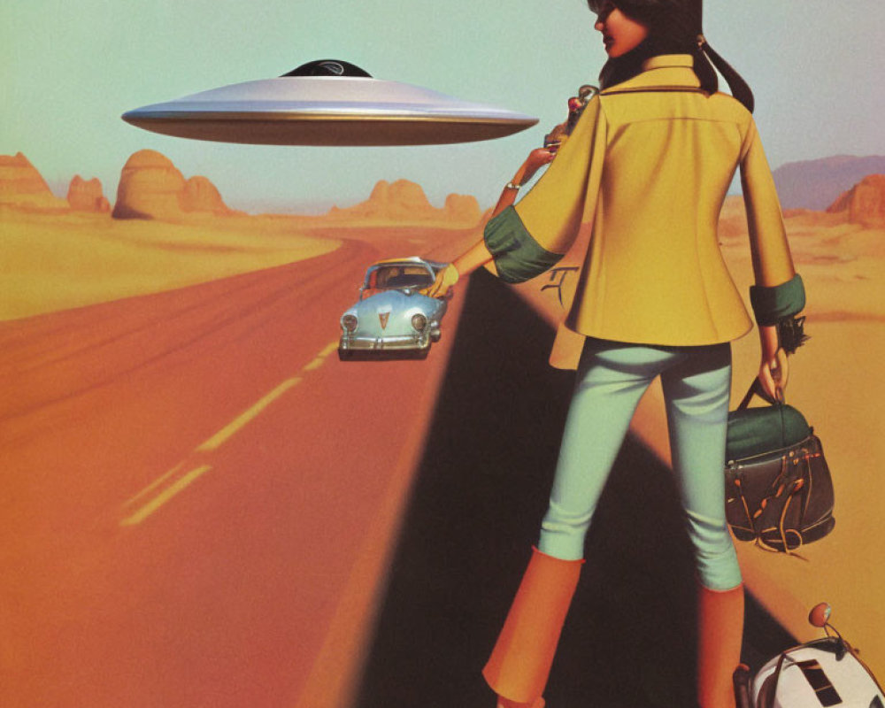 Retro-futuristic woman with flying saucer and classic car on desert road