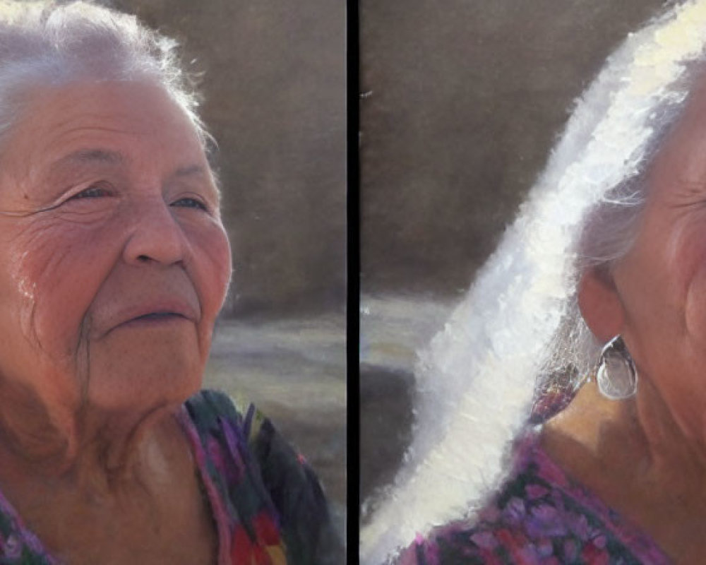 Elderly woman with white hair and colorful blouse smiling gently