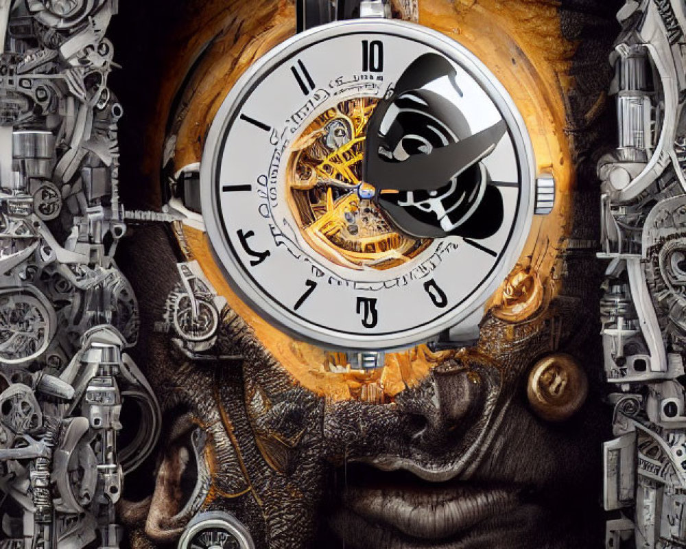 Mechanical collage creating face with luxury watch eye, blending precision with human features