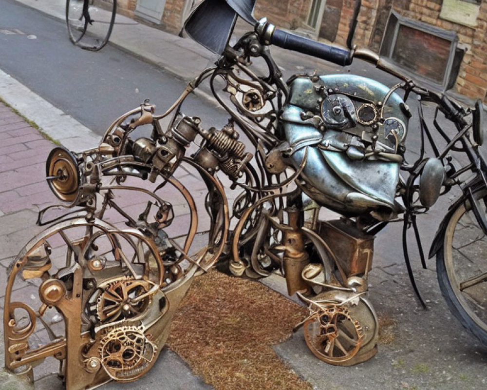 Metal sculpture of humanoid figure on bicycle made from gears & scraps