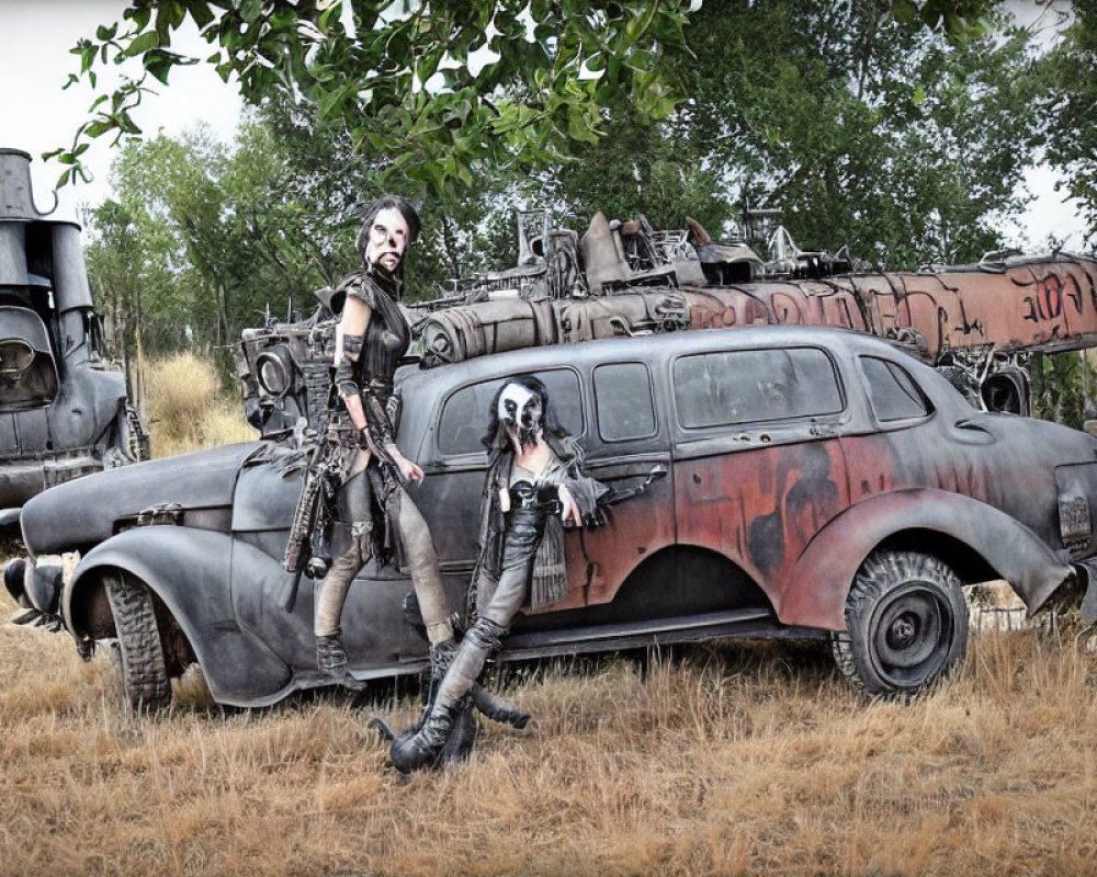 Post-apocalyptic individuals near modified vehicle in dystopian setting