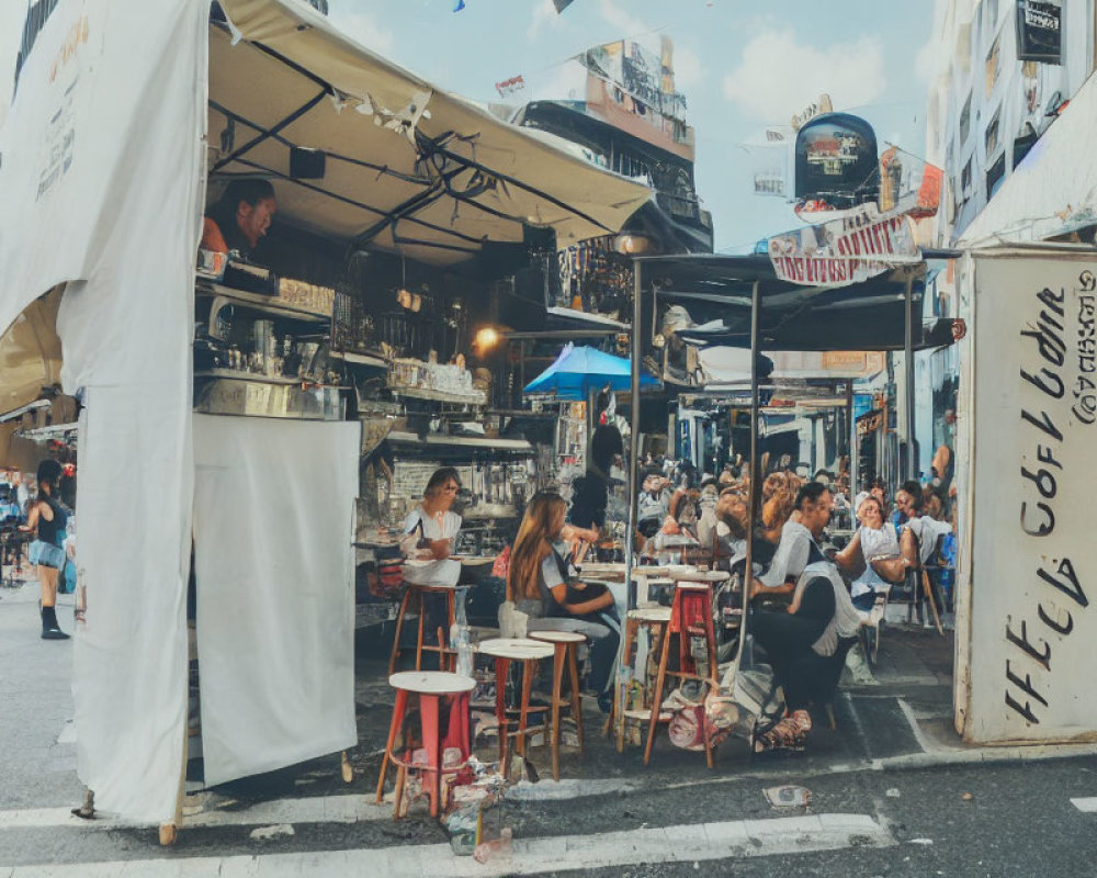 Busy City Street Café Scene with Outdoor Patrons and Buildings