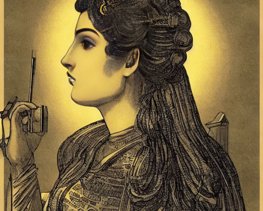 Vintage-style Woman Profile Illustration with Elaborate Hair and Attire