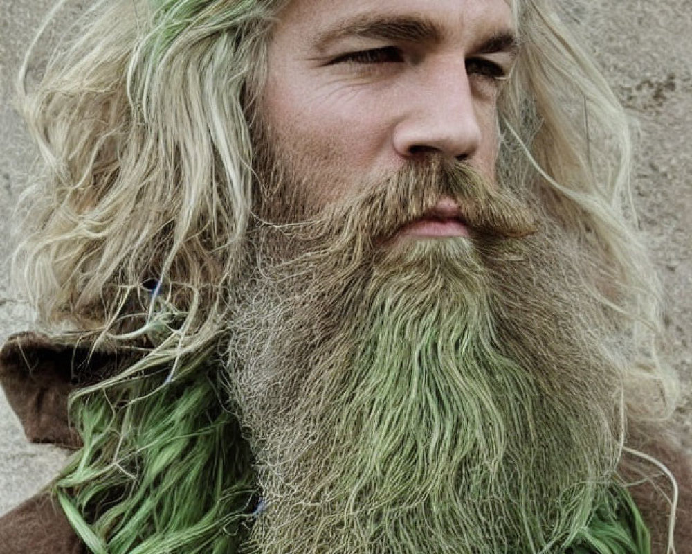 Man with Long Wavy Green Hair and Bushy Beard in Brown Hoodie on Grey Background