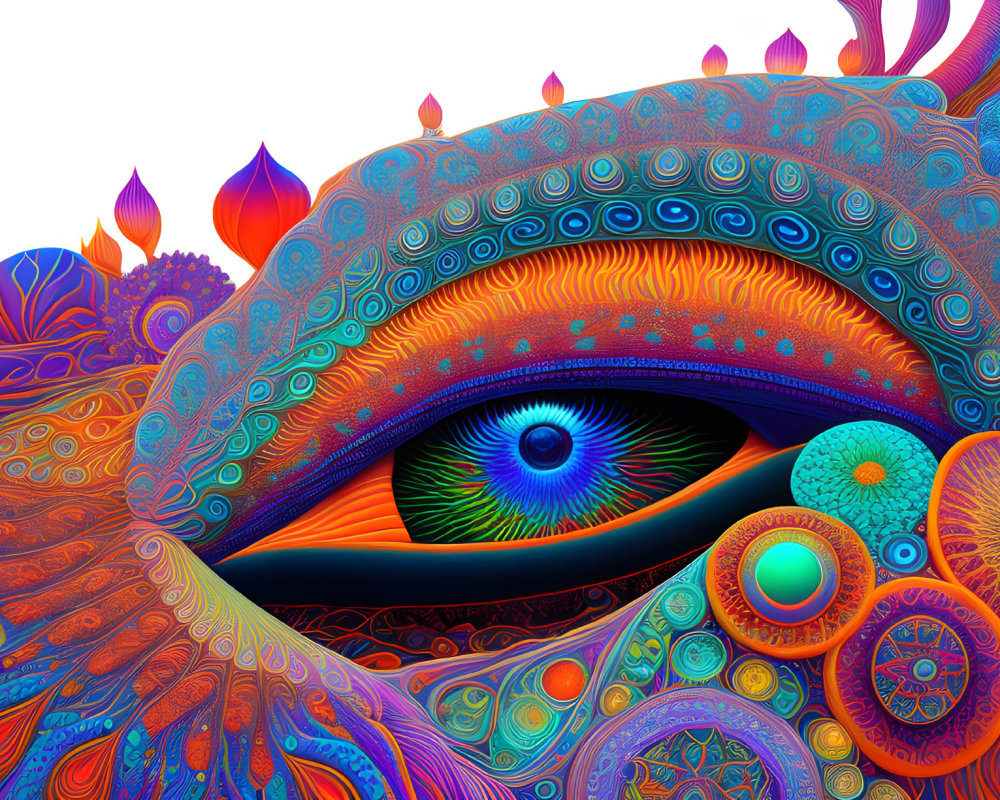 Detailed Psychedelic Eye Surrounded by Colorful Flame-like Patterns