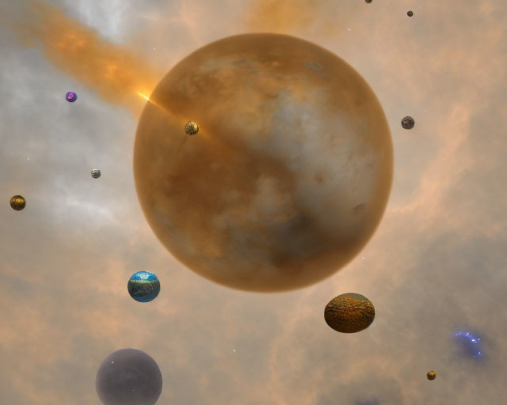 Multiple colorful planets in cosmic scene with gas clouds and stars