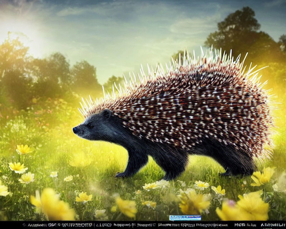 Hedgehog in vibrant field of yellow flowers under sunny sky