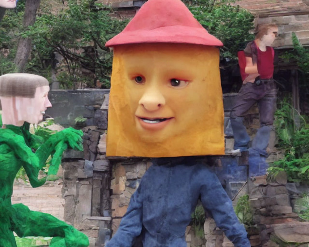 Surreal collage featuring oversized cheese head, red hat, green man, and ruin backdrop.