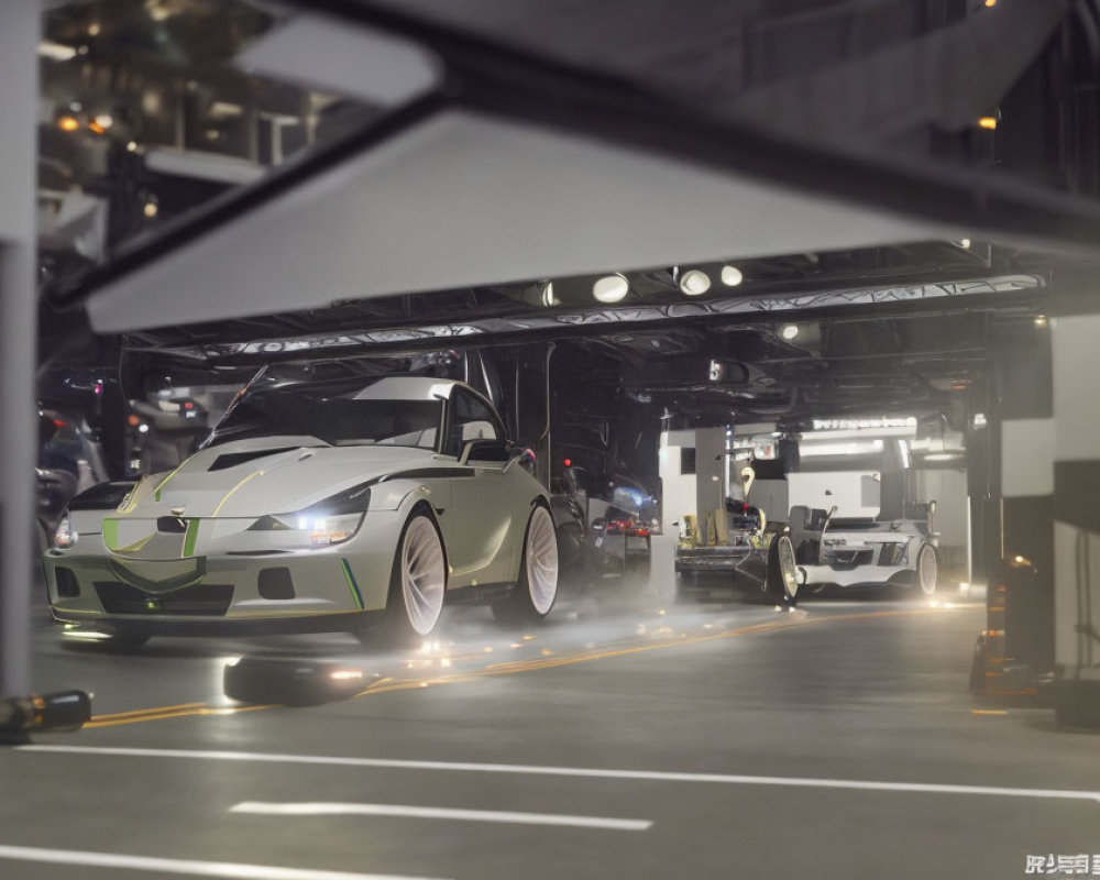 Green and White Sports Car Parked in Modern Garage