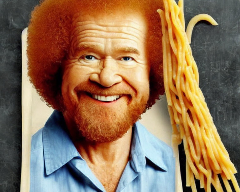 Photo manipulation: man's face with noodle afro on chalkboard