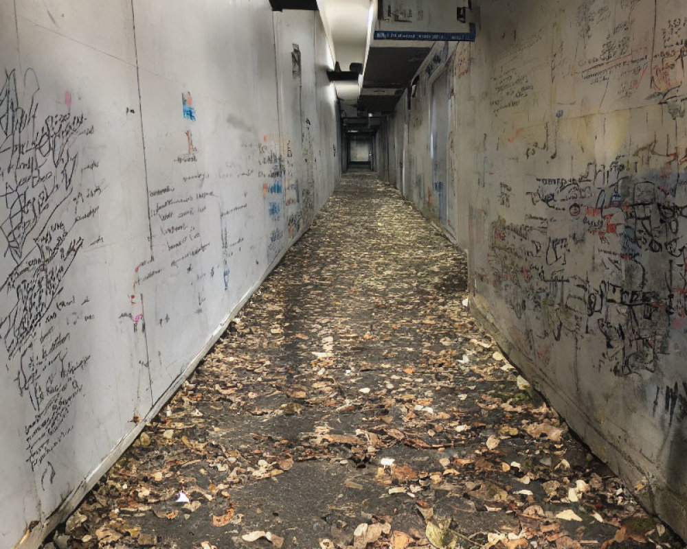 Graffiti-covered hallway with fallen leaves and dimly lit area