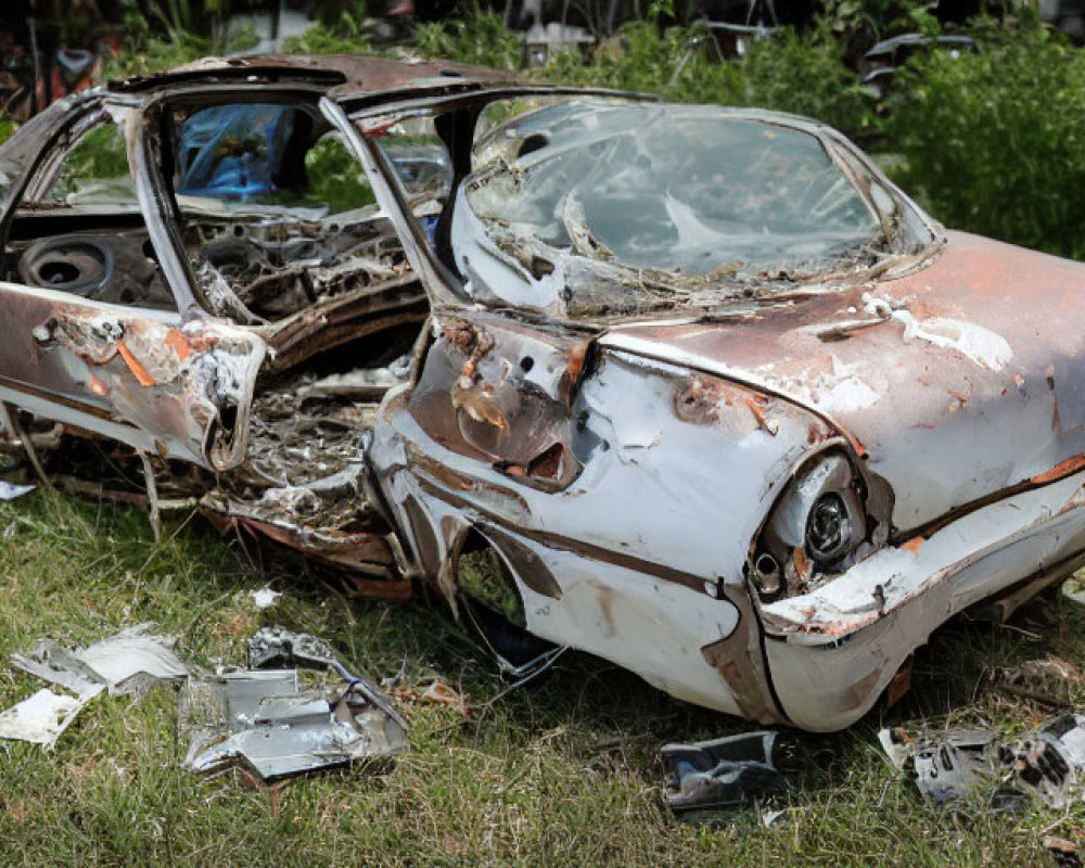 Rusted, Abandoned Car in Overgrown Field with Debris