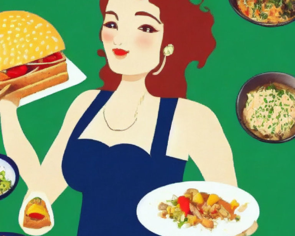 Smiling woman with plate of food and hamburger on green background