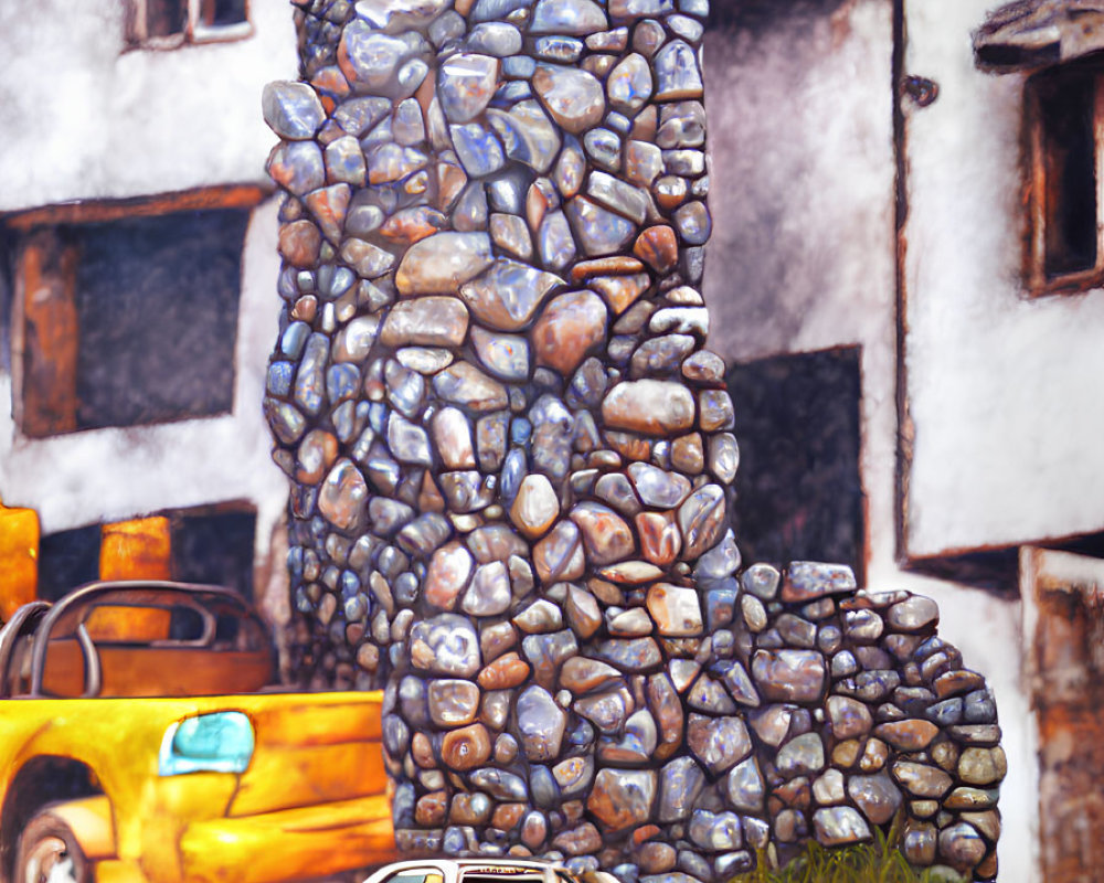 Rusted pickup truck near unique stone house with towering chimney