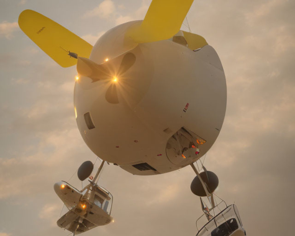 Cream-colored airship with round balloon and propellers in cloudy sunset sky