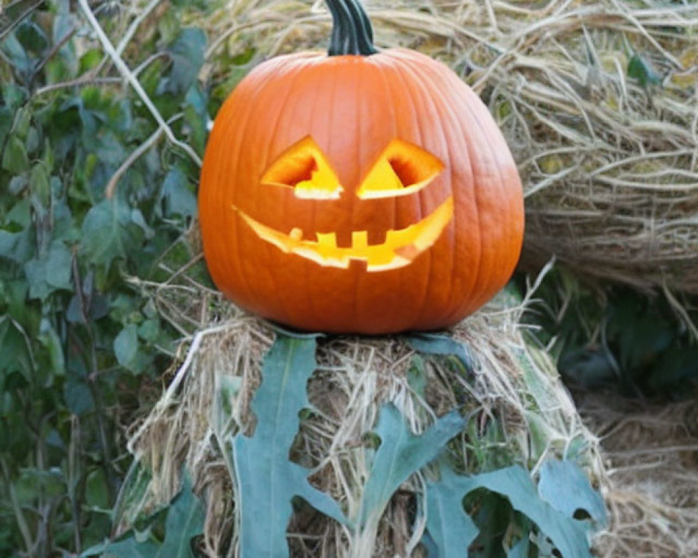 Smiling face carved pumpkin on haystack with green leaves - Halloween symbol