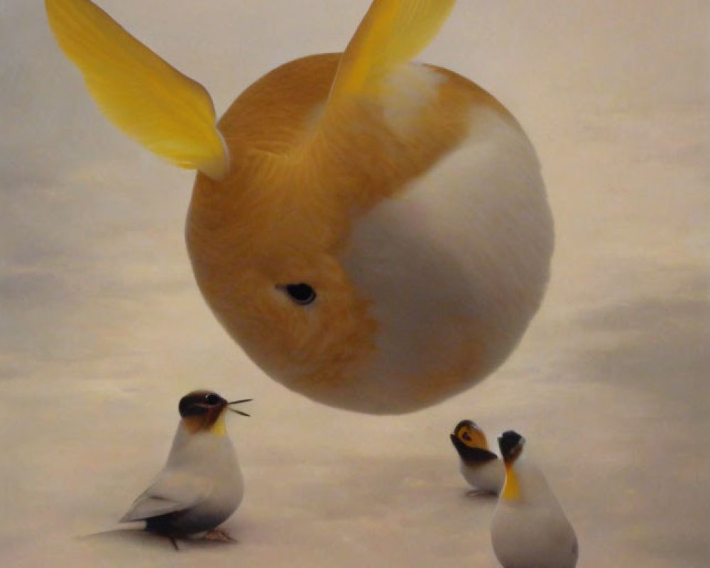 Surreal painting: Fluffy rabbit-headed creature floating above birds