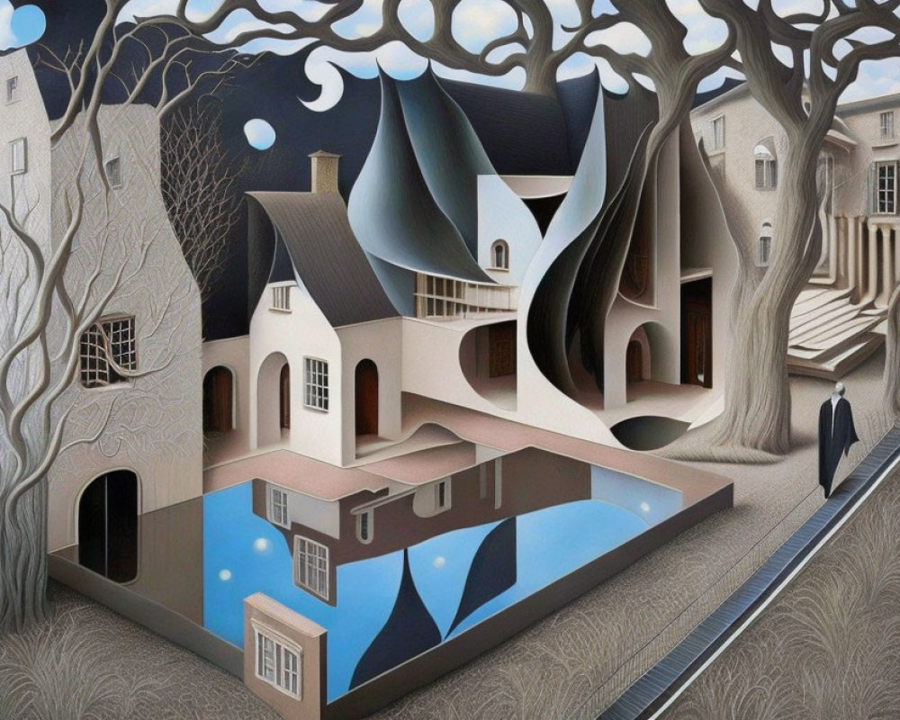 Surreal artwork: Distorted buildings, trees, reflective pool, two figures, dreamlike atmosphere