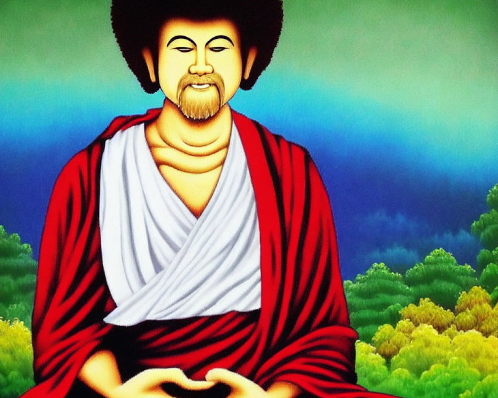 Person with Afro Meditating in Red and White Robe on Nature Background