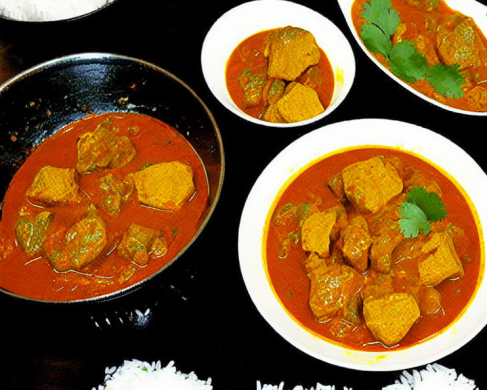 Indian Cuisine Spread with Rice, Curry Bowls, and Cilantro Garnish