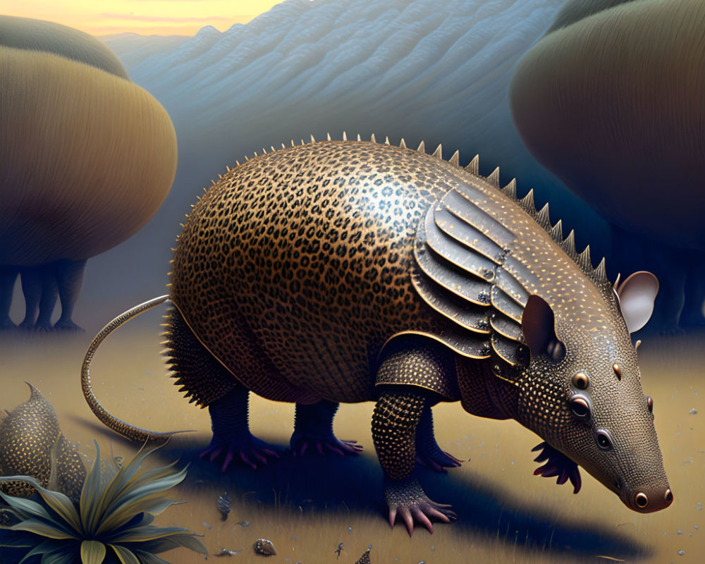 Surreal armadillo in fantasy landscape with tree-covered hills