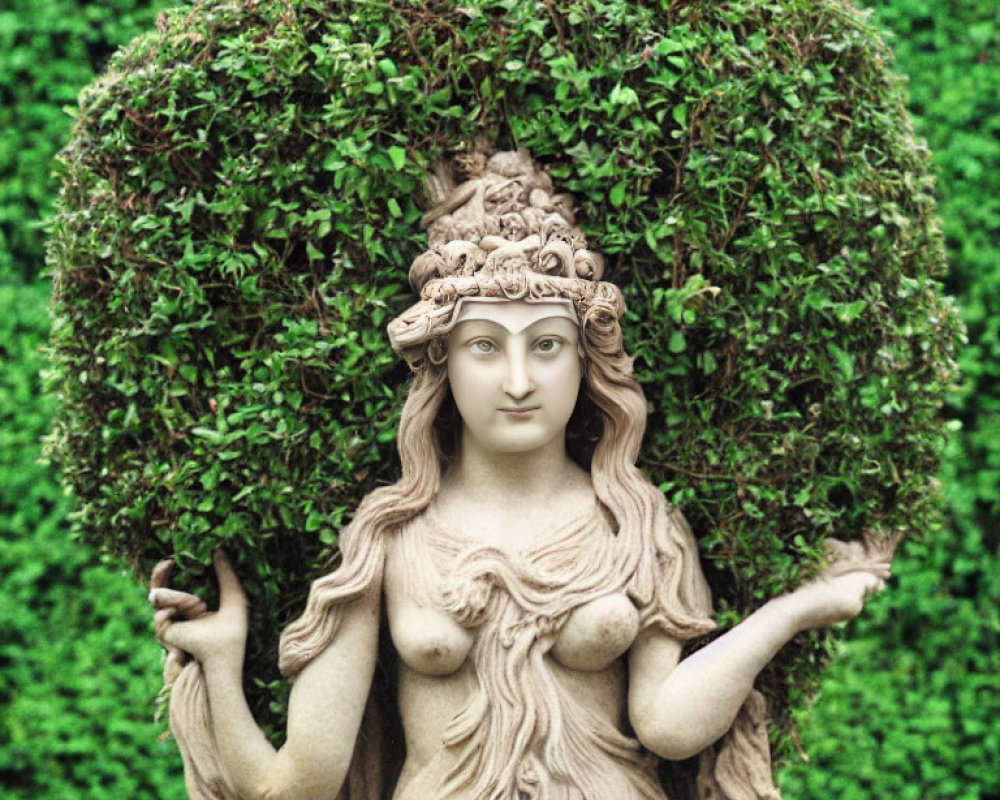 Elaborate hairdo statue framed by round bush in green backdrop