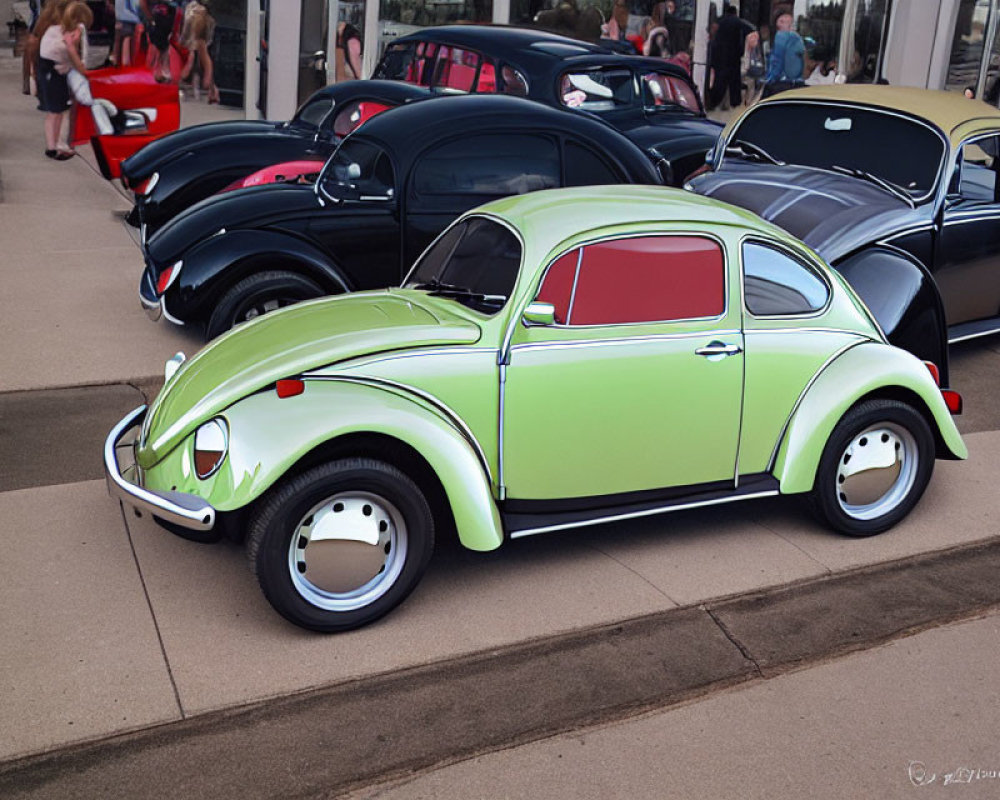 Vibrant lime green Volkswagen Beetle among classic cars in various colors