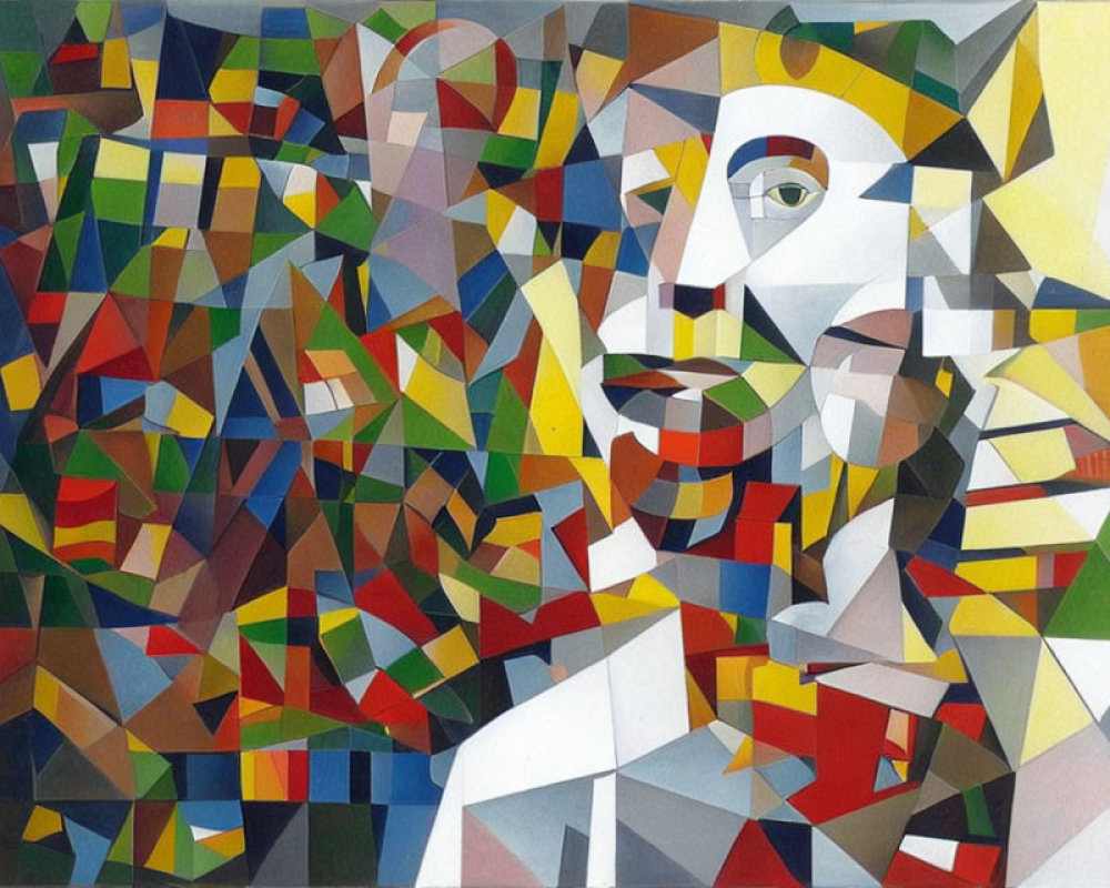 Vibrant Cubist painting of fragmented male face and figure with geometric shapes