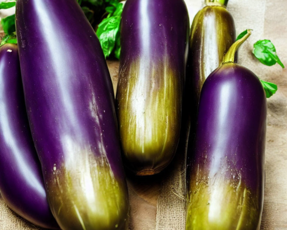 Vibrant Purple Eggplants on Hessian Fabric with Basil Leaves