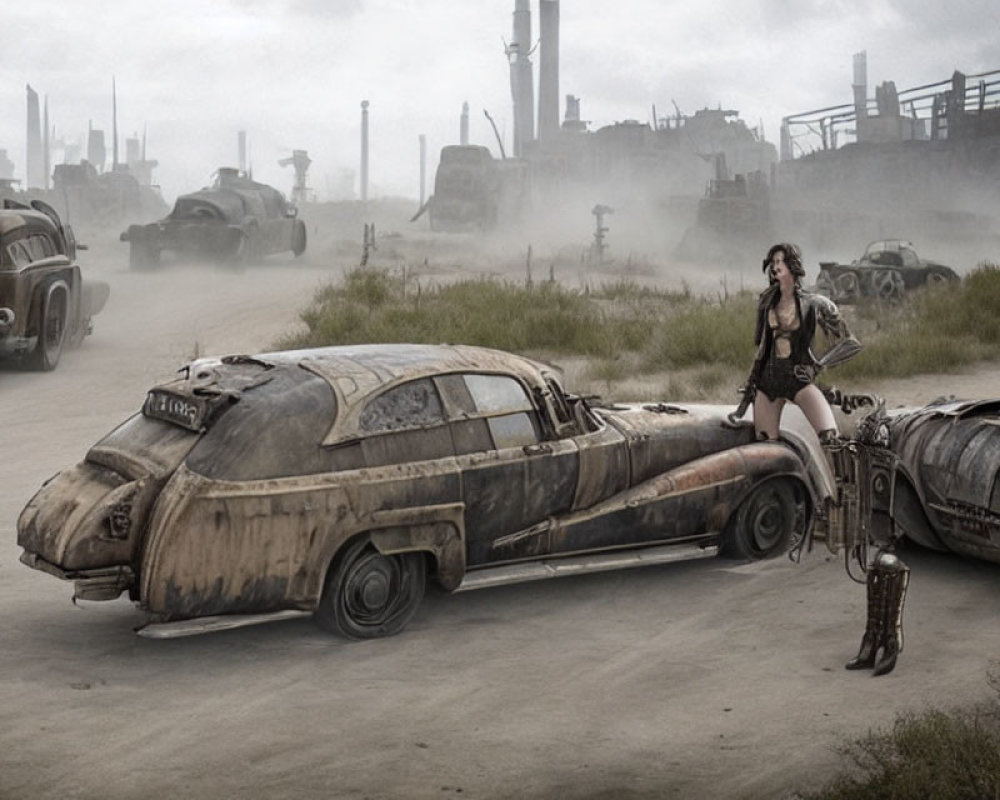 Woman in leather outfit next to futuristic motorcycle in misty industrial setting