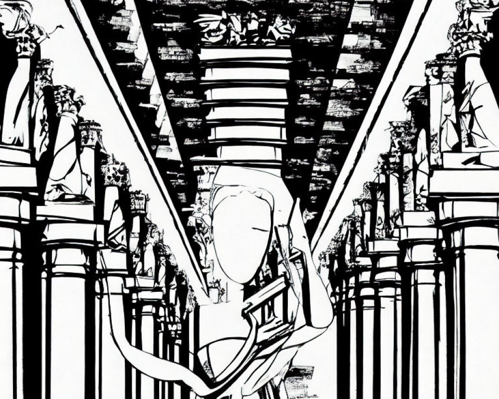 Detailed Black and White Drawing of Stylized Figure Among Columns and Foliage