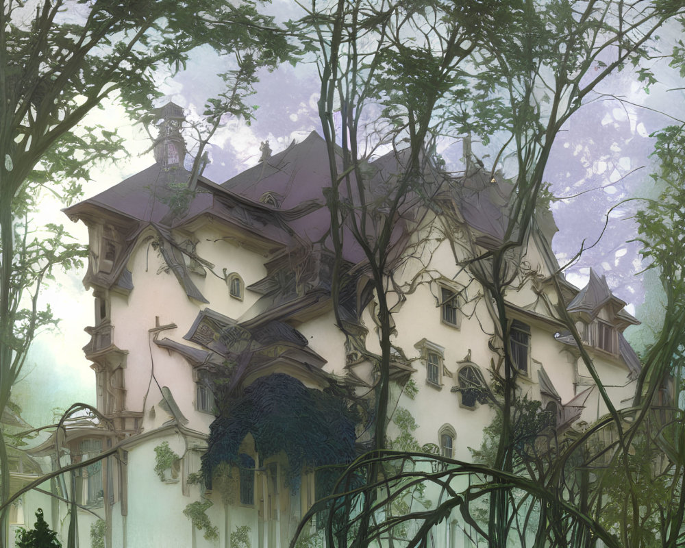 Detailed illustration of grand mansion engulfed by trees and foggy forest ambiance