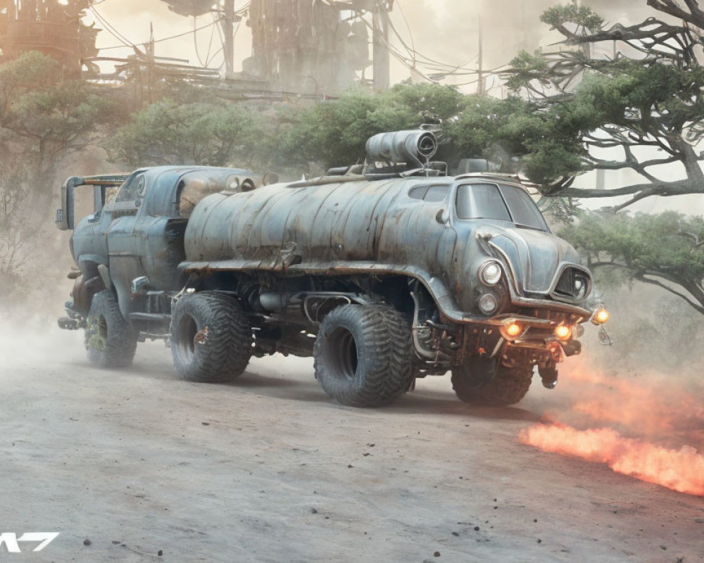 Post-apocalyptic vehicle with oversized wheels in fiery landscape