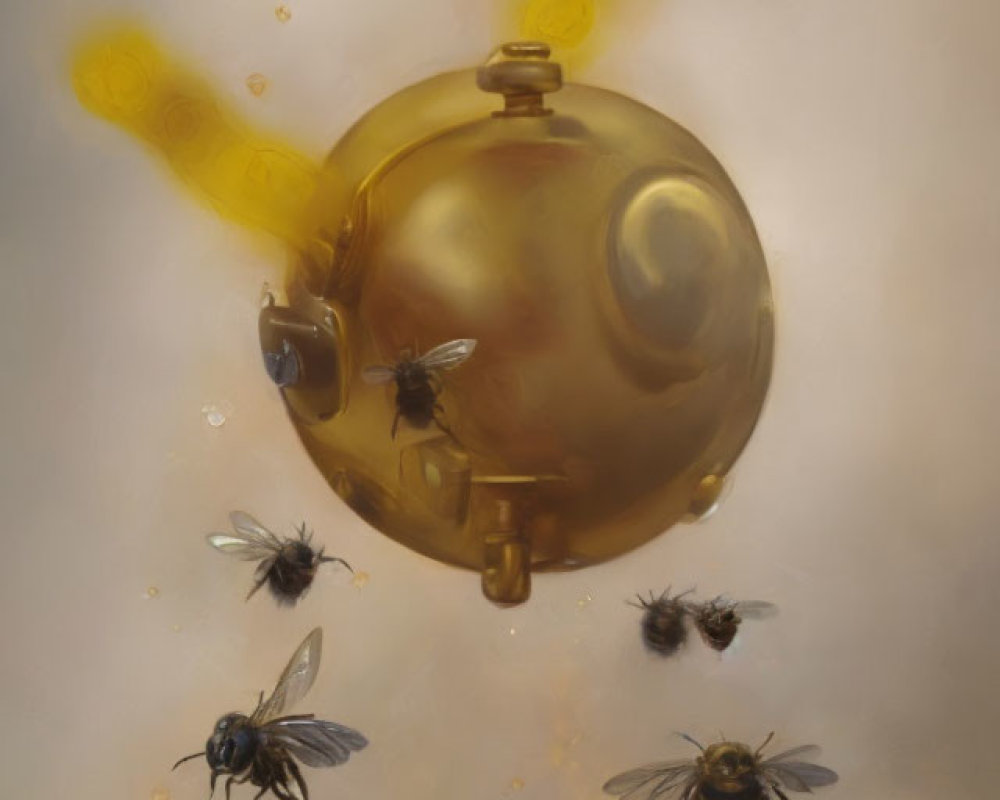 Brass teapot with honey and bees in light-diffused setting