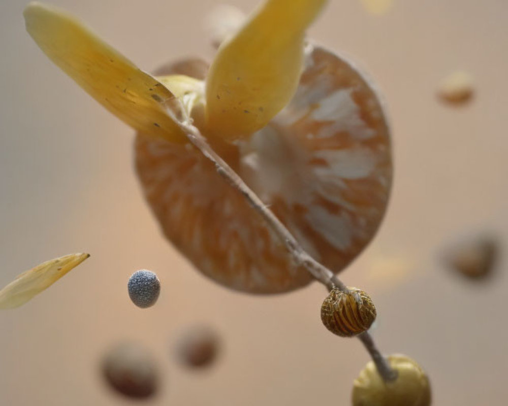 Macro shot of snail on branch with seeds and another snail, suspended in mid-air.