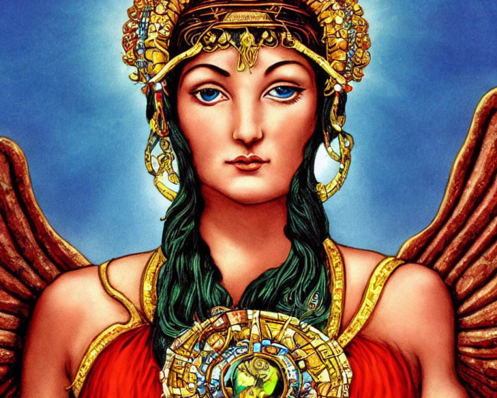 Figure with Blue Eyes, Golden Headwear, Red Attire, Green Braided Hair, Wings,