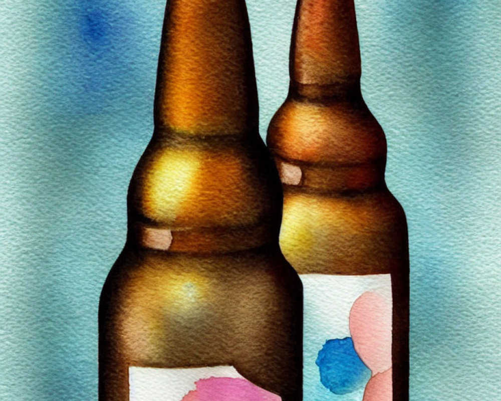 Colorful Abstract Labels on Watercolor Beer Bottles Against Blue Background