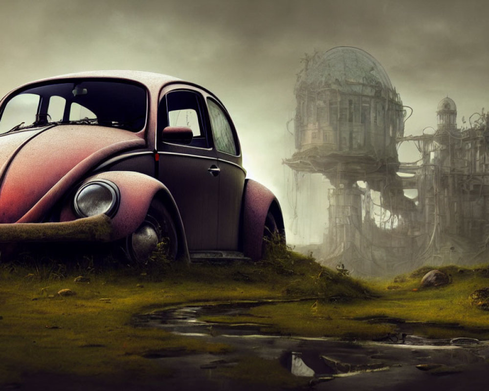 Vintage Volkswagen Beetle car parked in front of futuristic, dilapidated structure in foggy landscape