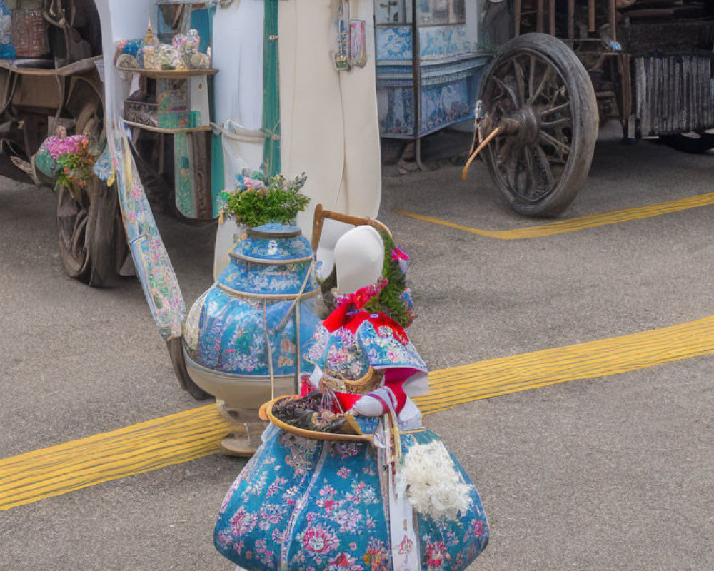 Mannequin in White and Blue Floral Dress with Basket on Decorated Cart