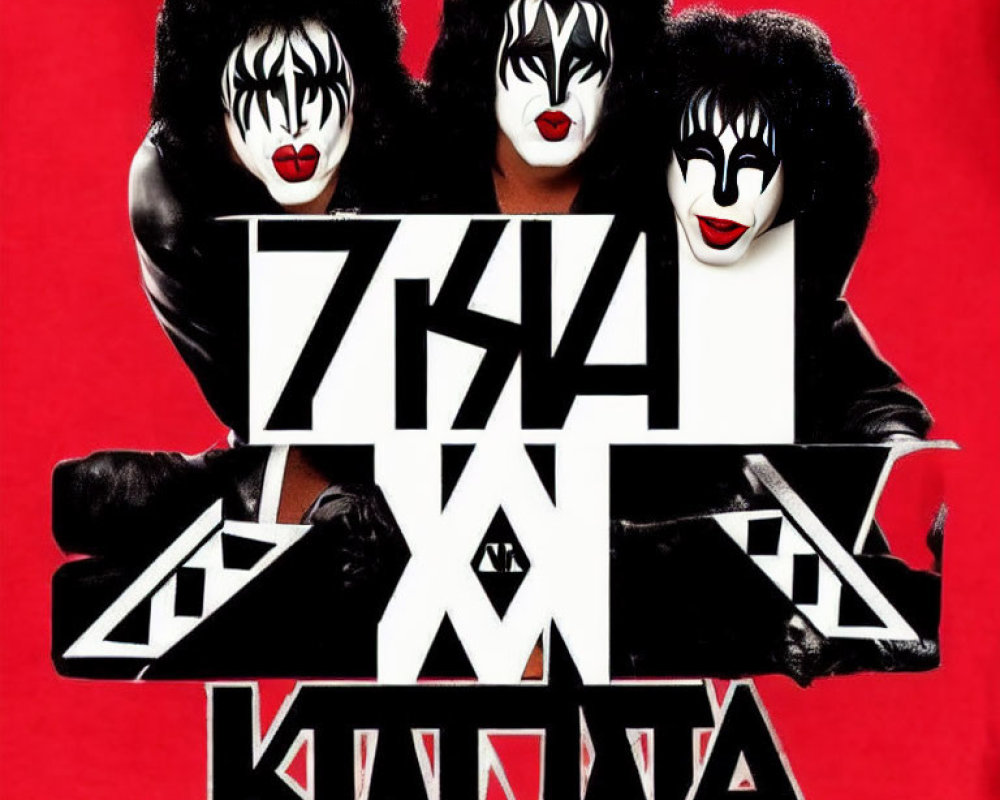 Three individuals in KISS-inspired face paint on red background with band logo