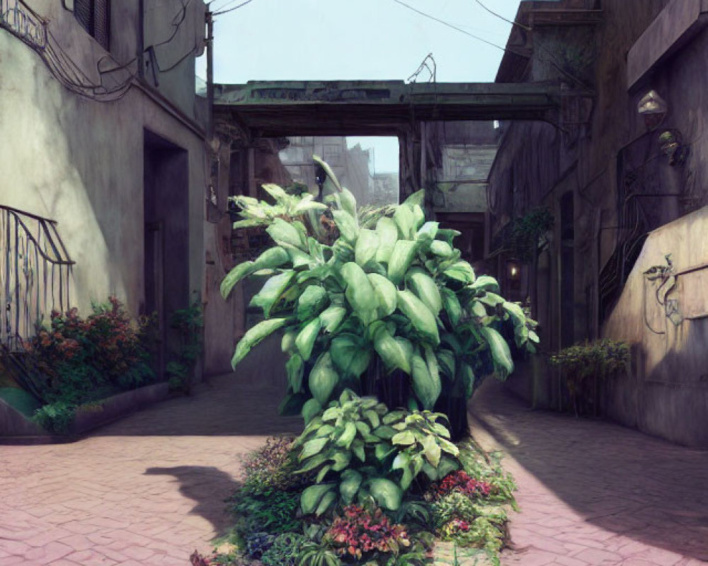 Overgrown plant in dilapidated urban alley with old buildings